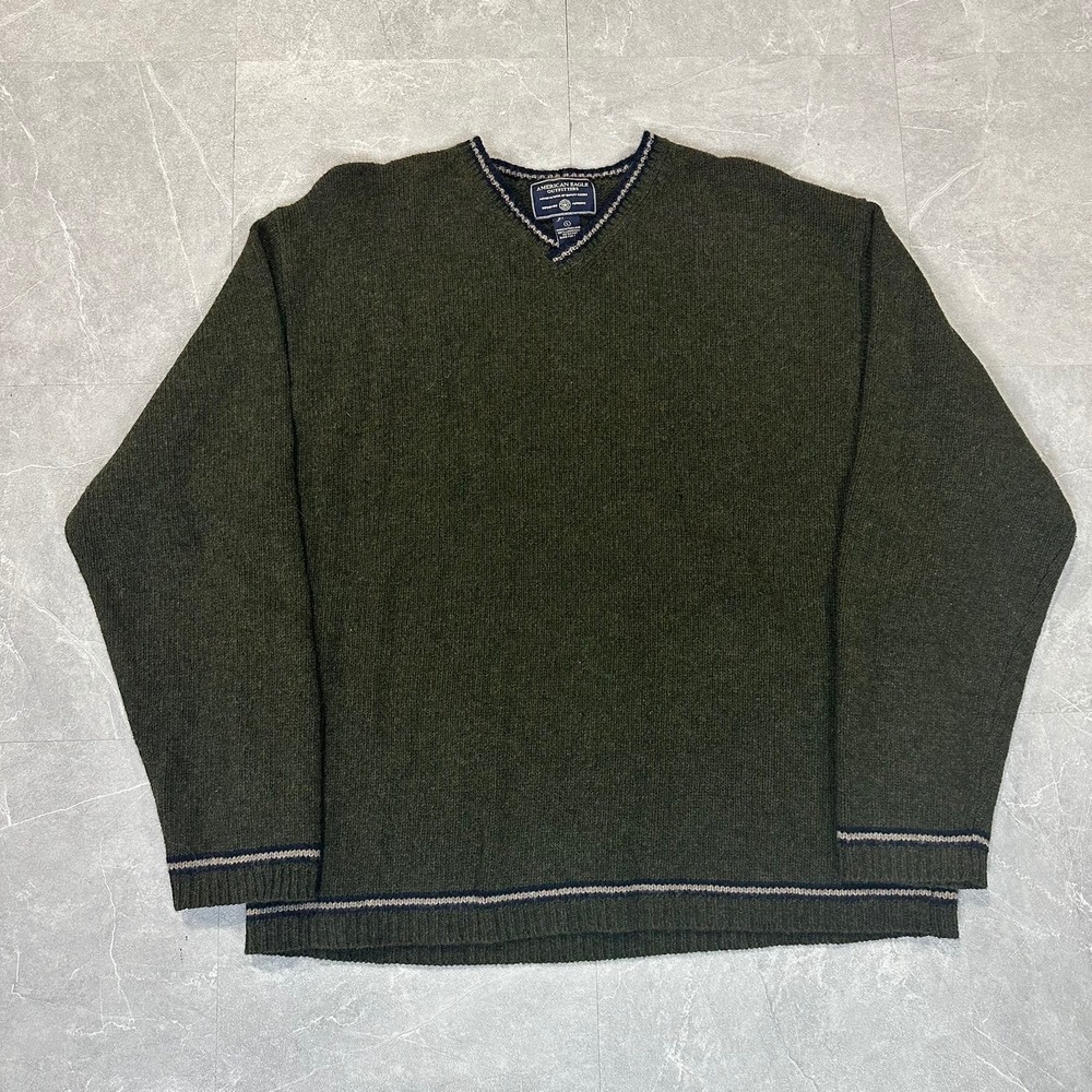 American Eagle Outfitters Mens Forest Green 100% Lambswool V-Neck Sweater Large